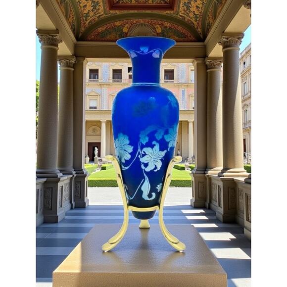 Fenton Favrene Amphora Vase-Nancy Fenton Signed-Centennial Blue Glass-Etched - Picture 1 of 8